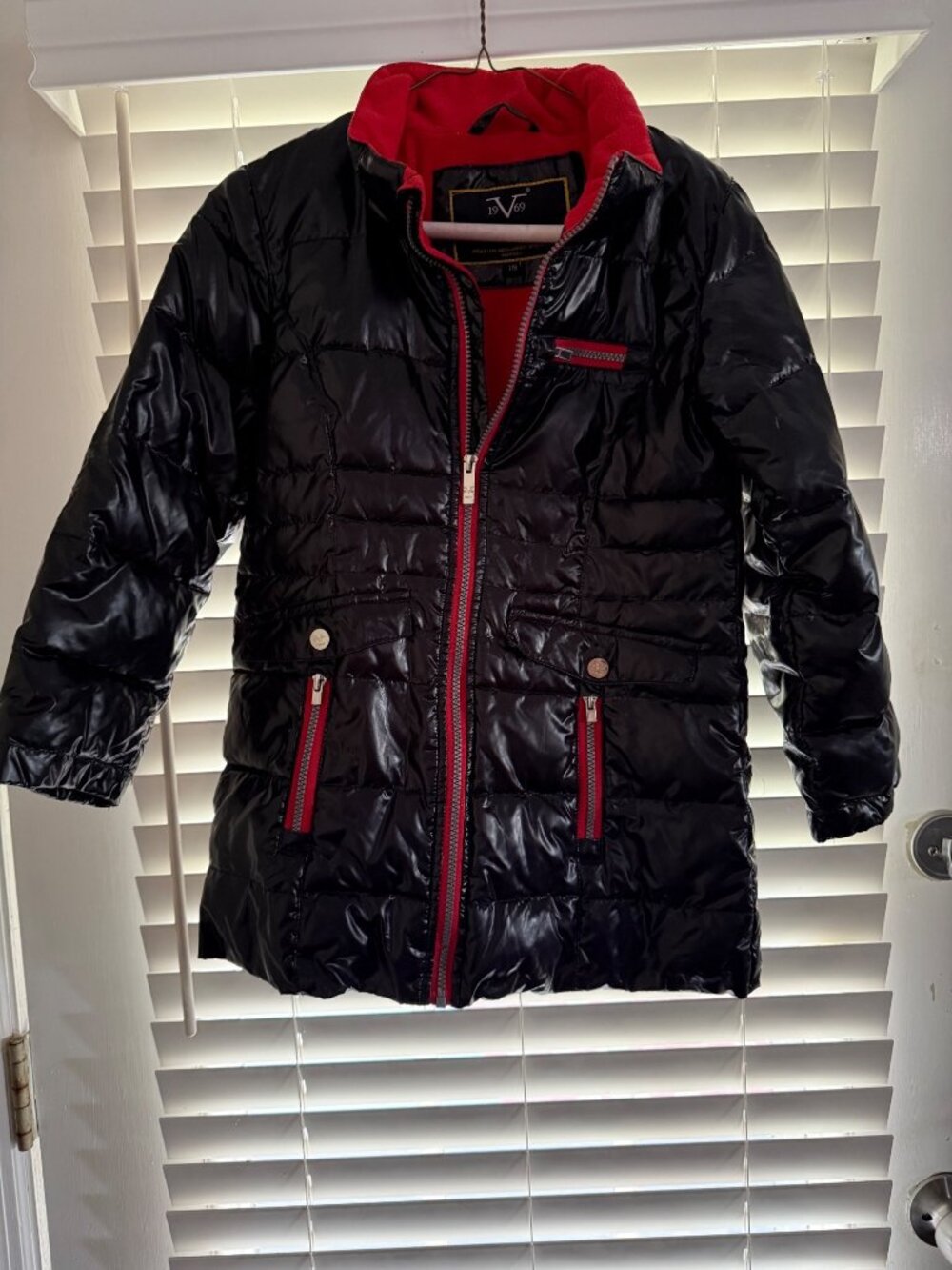 Versace 19V69 Girls Black Puffer Jacket With Red Zipper Accents 7-8